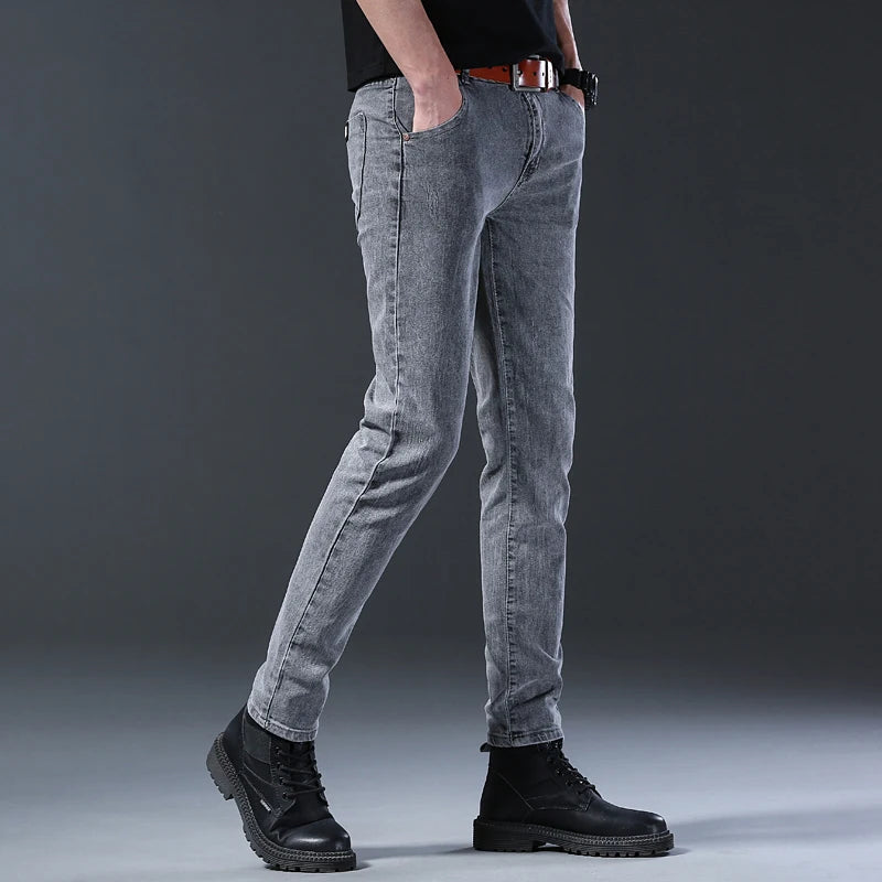 Men's Jeans Slim Fit High-Stretch Straight Leg Mid-Rise Gray Casual Denim Pants