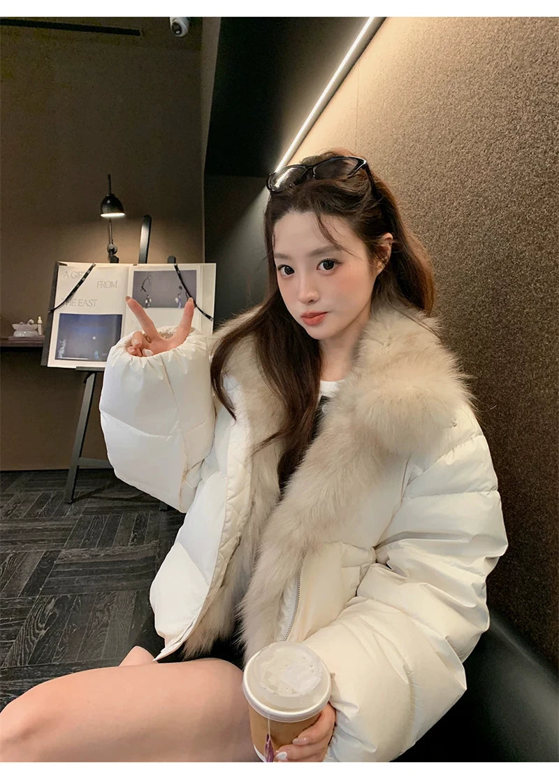 Women's Cropped Puffer Jacket with Faux Fur Collar