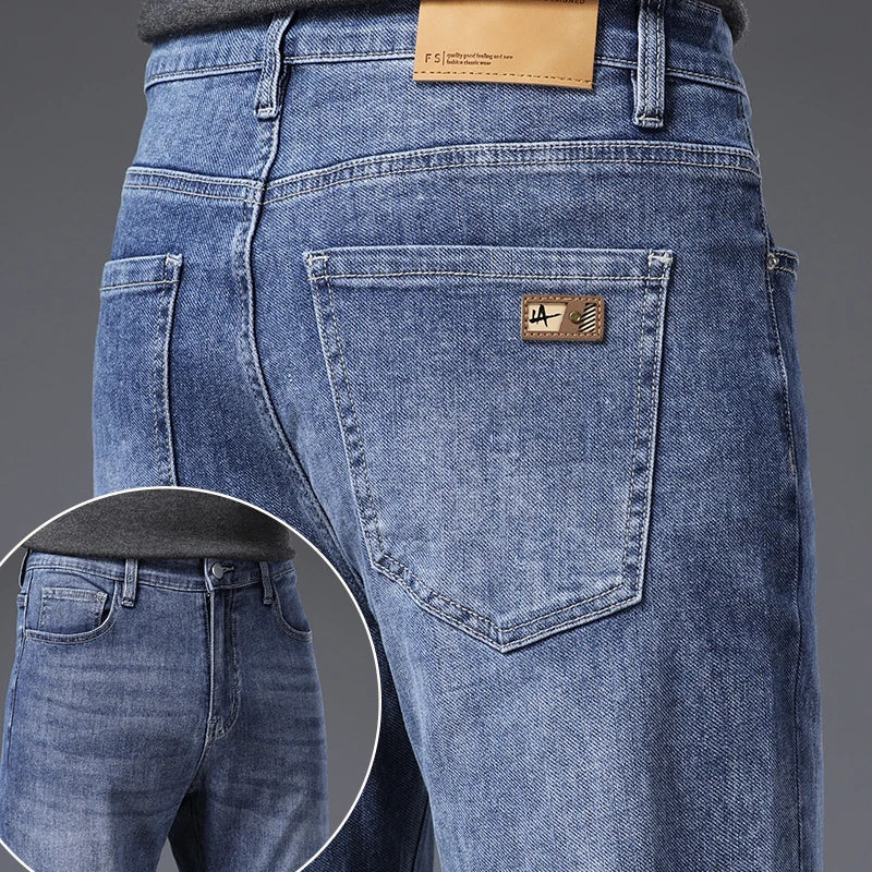 Men's Soft Stretch Straight Jeans Business Casual Slim Fit Wash Denim Pants Korean Fashion Blue Gray Male Brand Trousers