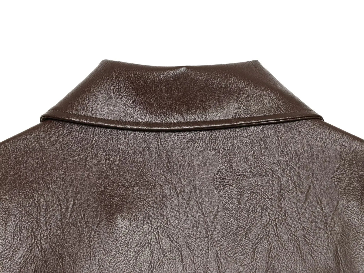 Women's Jacket Vintage Belted Faux PU Leather Front-Zip Turn-Down Lapel Full-Sleeve Casual Coat