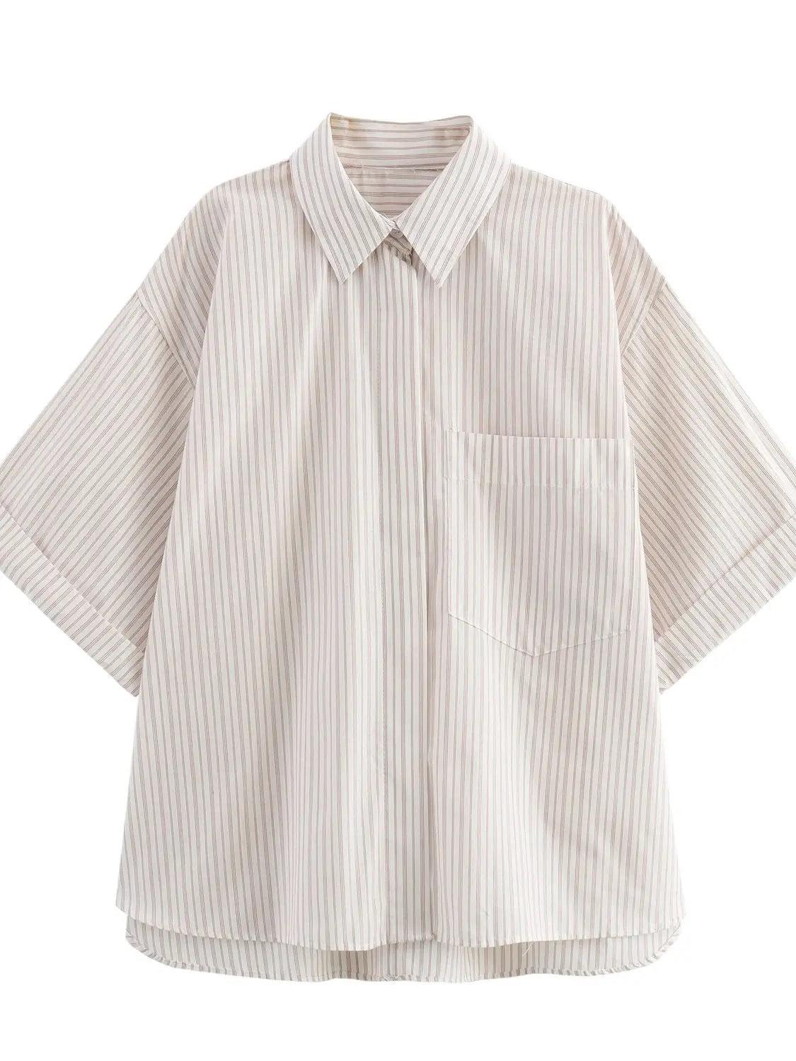 Pocket Poplin Shirt Collared Short Sleeve Front Button Tops Beige stripe S44c59a4ca9094bdd963ba5466c19a8cfJ STYLEINGER
