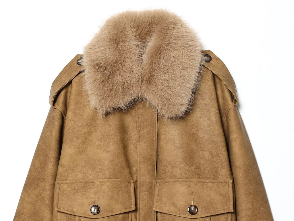 Women's  Faux Fur Collared Zip-Up Jacket with Pockets