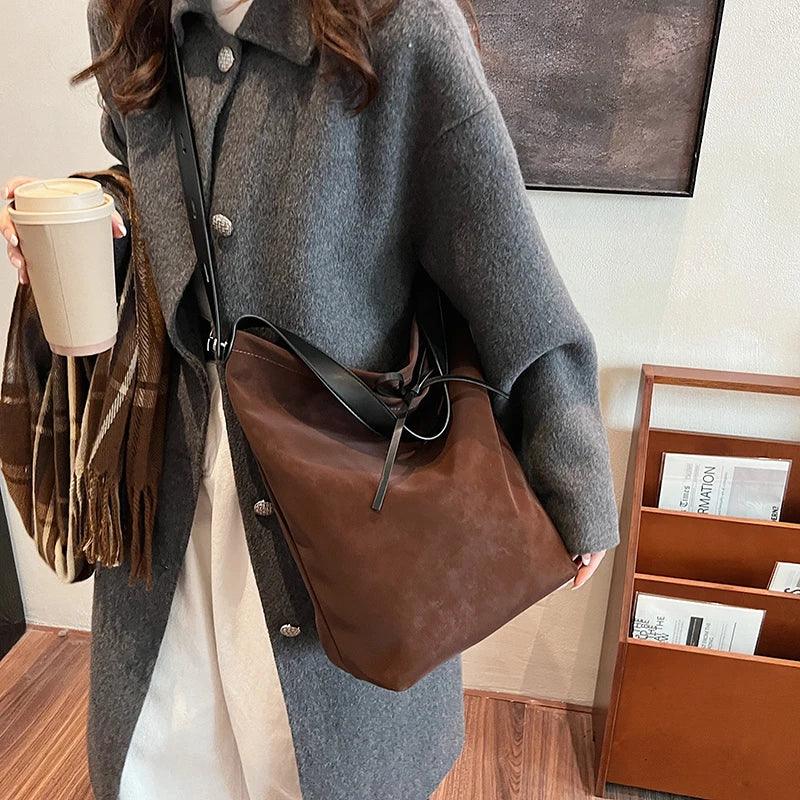 Suede Retro Shoulder Bag Women Tie Soft Hobo Crossbody Handbags Solid Purses