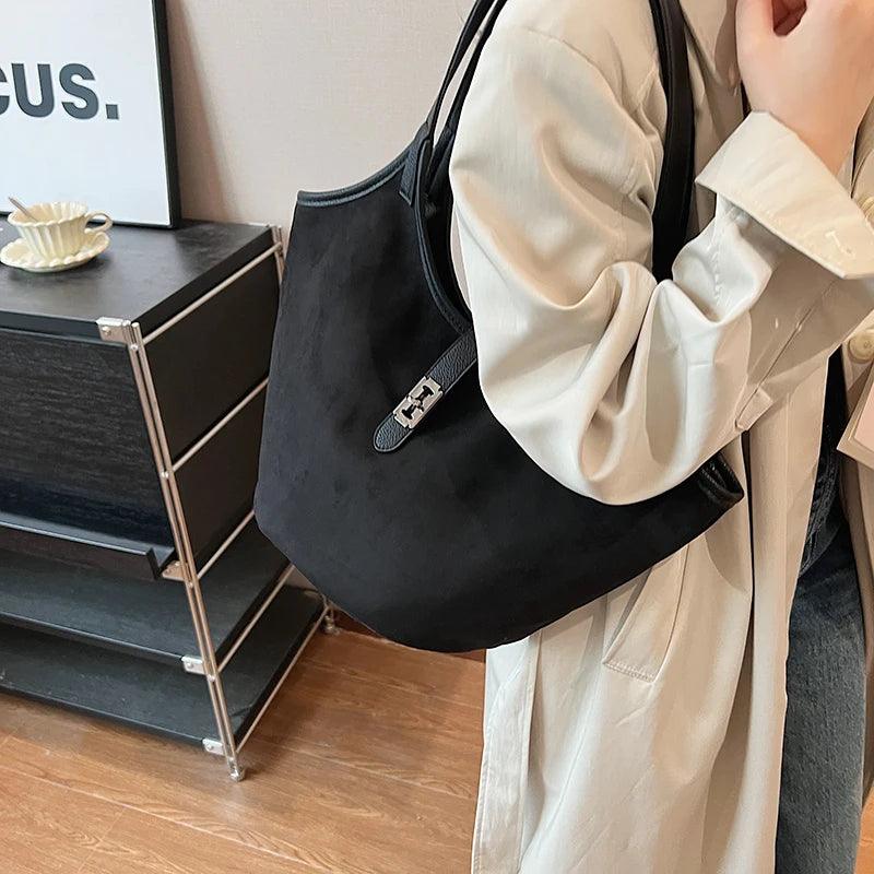 Small Nubuck Leather Shoulder Bags Women Zipper Turn Lock Matte Tote Handbags