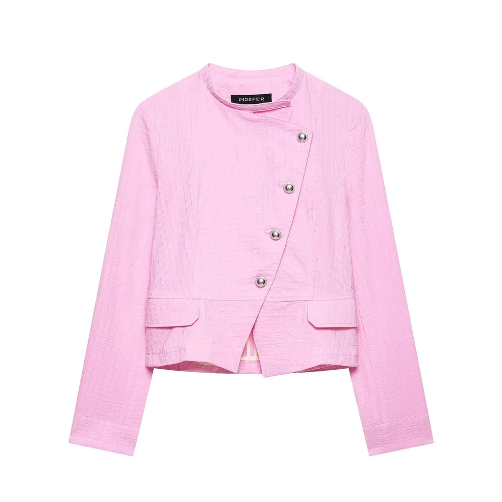 Women's Blazer Pink Solid Single-Breasted O-Neck Full-Sleeve Straight-Cut Pocket Casual Jacket