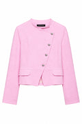 Women's Blazer Pink Solid Single-Breasted O-Neck Full-Sleeve Straight-Cut Pocket Casual Jacket