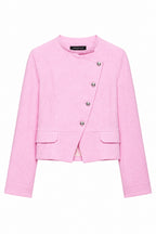 Women's Blazer Pink Solid Single-Breasted O-Neck Full-Sleeve Straight-Cut Pocket Casual Jacket