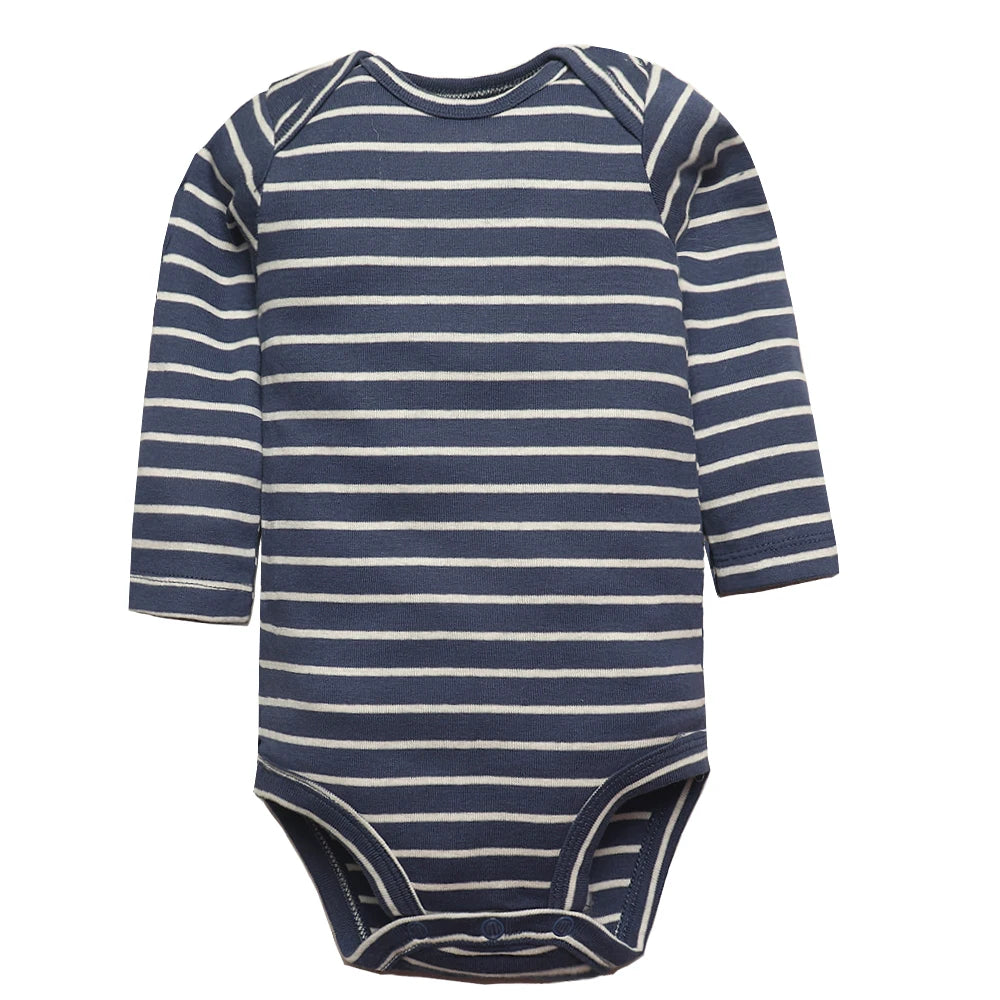 Navy blue long sleeve bodysuit with thin white horizontal stripes, ribbed crew neck, and snap closures