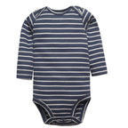 Navy blue long sleeve bodysuit with thin white horizontal stripes, ribbed crew neck, and snap closures