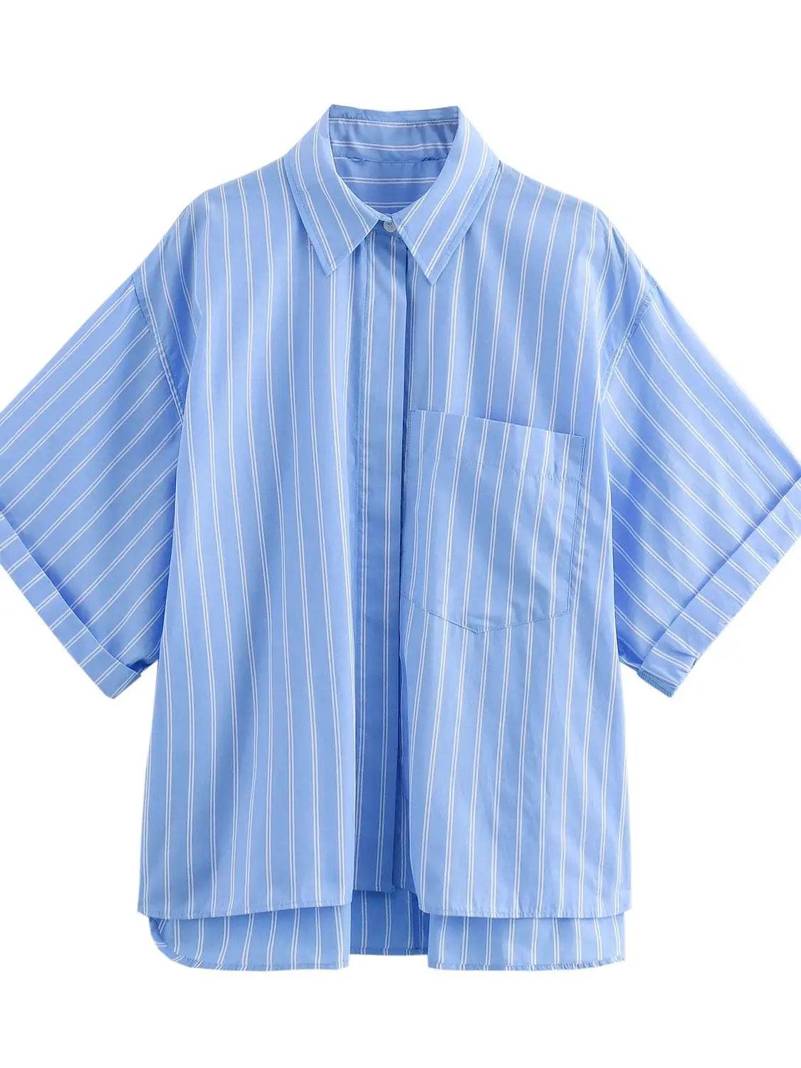 Pocket Poplin Shirt Collared Short Sleeve Front Button Tops Blue stripe S469ee0c58afe4441b64ad441d15434bai STYLEINGER