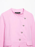 Women's Blazer Pink Solid Single-Breasted O-Neck Full-Sleeve Straight-Cut Pocket Casual Jacket