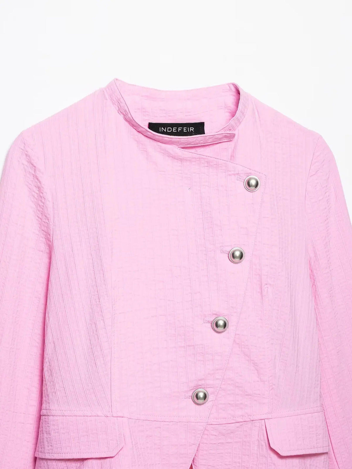Women's Blazer Pink Solid Single-Breasted O-Neck Full-Sleeve Straight-Cut Pocket Casual Jacket