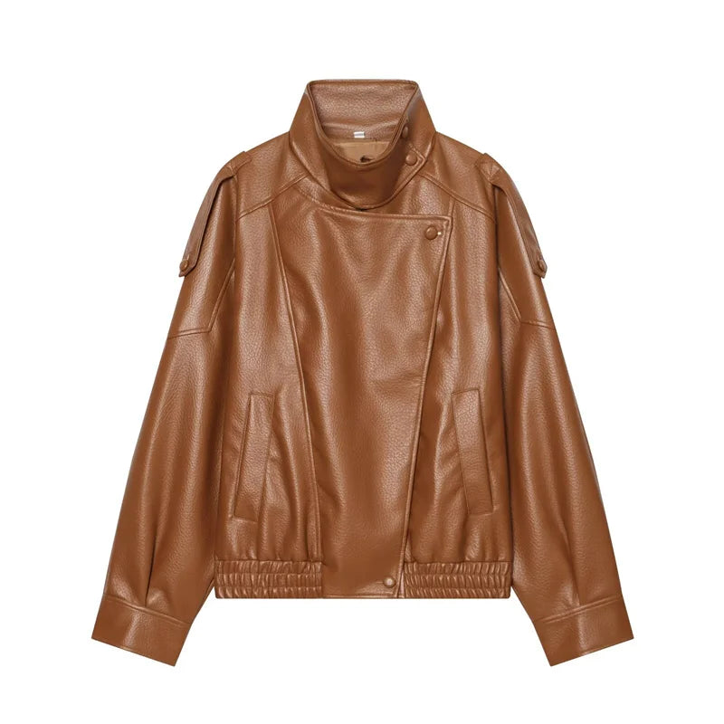Women's Jacket Pebble Faux Leather Full-Sleeve Moto-Style Zipper Casual Coat