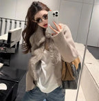 Women's Cropped Faux Fur Jacket with Ribbed Knit Sleeves
