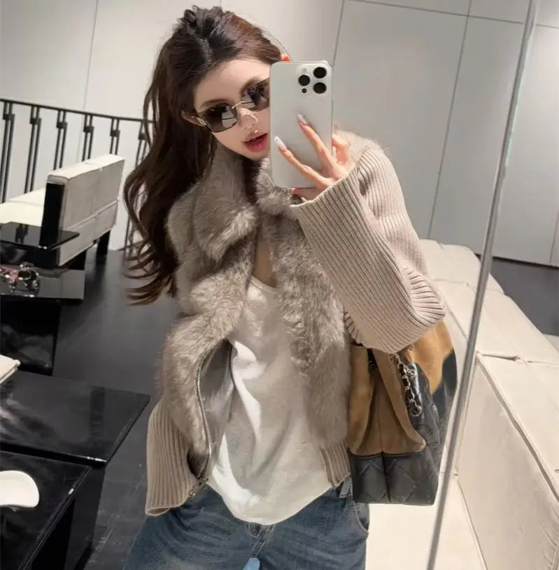 Women's Cropped Faux Fur Jacket with Ribbed Knit Sleeves