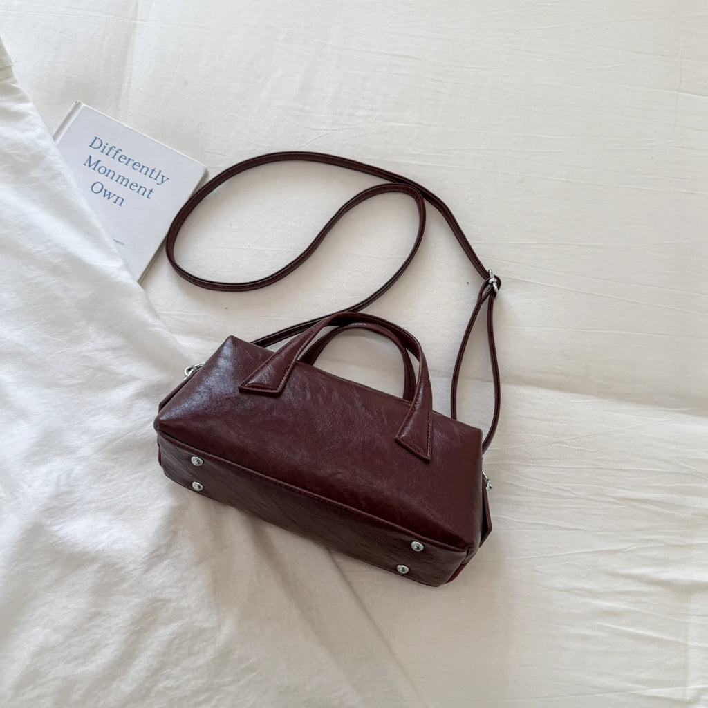 Women's Small Boston-Style PU Crossbody Bag with Zipper