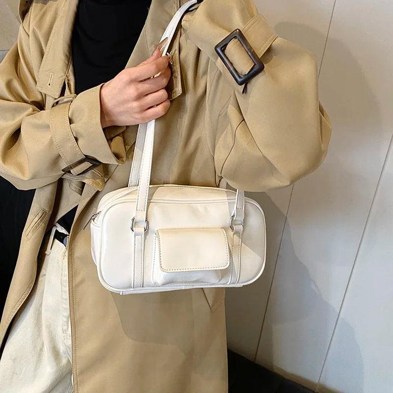 Small Leather Underarm Bags Women Outer Flap Pocket Stitch Zipper Shoulder Bags