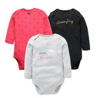 Three girl bodysuits in coral, black, and grey with heart, polka dot, and bunny graphics for daily wear