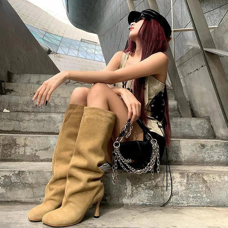 Women's Slouchy Faux Suede Knee-High Heeled Boots