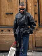 Women's Jacket Vintage Faux Leather Belted Turn-Down Lapel Full-Zip Full-Sleeve Short Motorcycle Coat