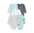 Nautical-themed set of five long-sleeve baby bodysuits with mint boat prints, grey whale graphic, coastal illustrations,