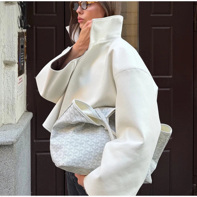 Women's Jacket Polyester Solid Stand Collar Open-Front Loose Full-Sleeve Casual Spring Autumn Outerwear