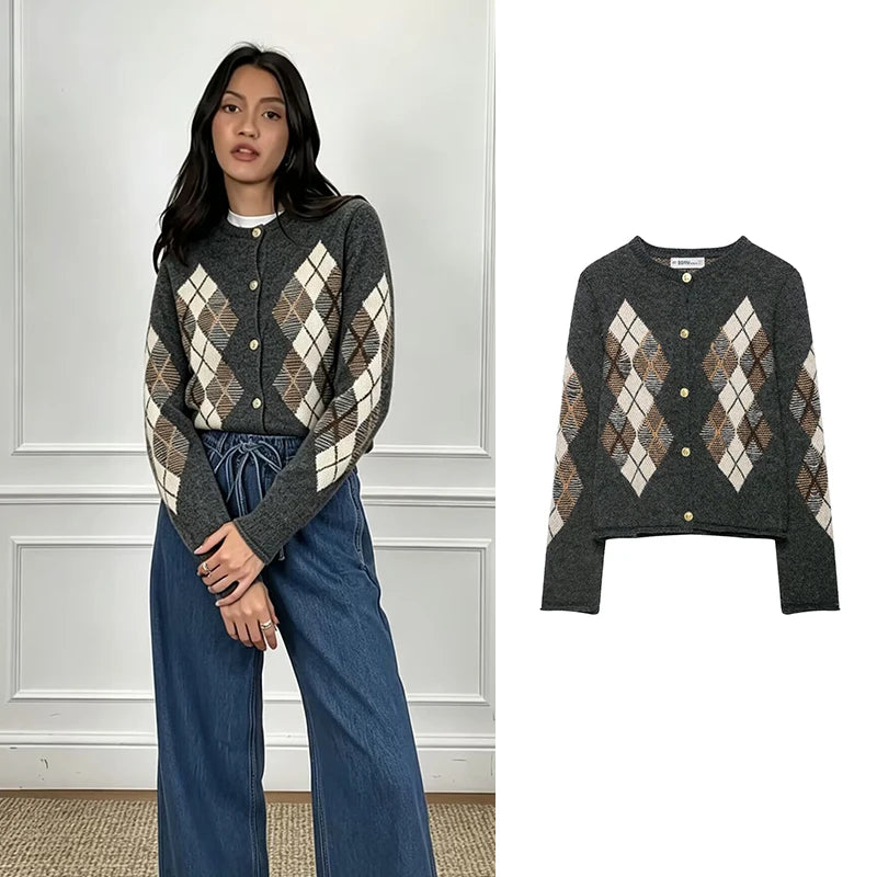 Women's Diamond Argyle Knit Button-Front Cardigan Casual Fashion Sweater