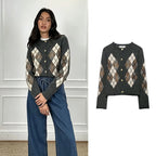 Women's Diamond Argyle Knit Button-Front Cardigan Casual Fashion Sweater
