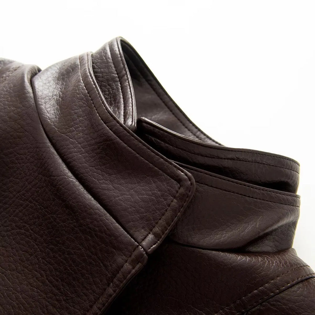 Women's Jacket Vintage PU Faux Leather Drawstring Double-Breasted Pleated Full-Sleeve Casual Coat