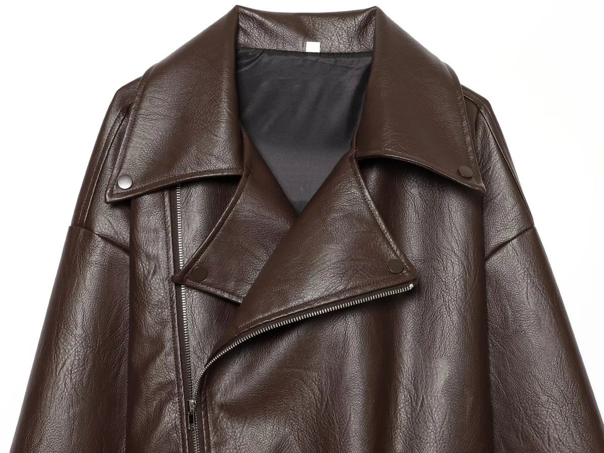 Women's Jacket Vintage Belted Faux PU Leather Front-Zip Turn-Down Lapel Full-Sleeve Casual Coat