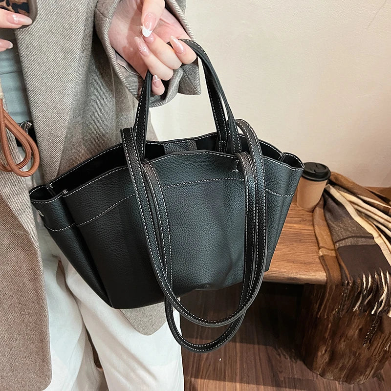 Large Leather Tote Bucket Bags Women Snap with Interior Zipper Purse Handbags