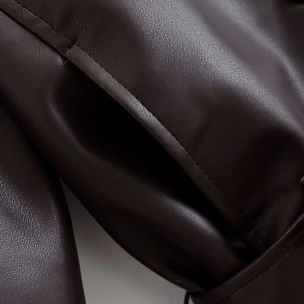 Women's Faux Leather Casual Fashion Jacket Belted Stand-Collar Button-Front Coat