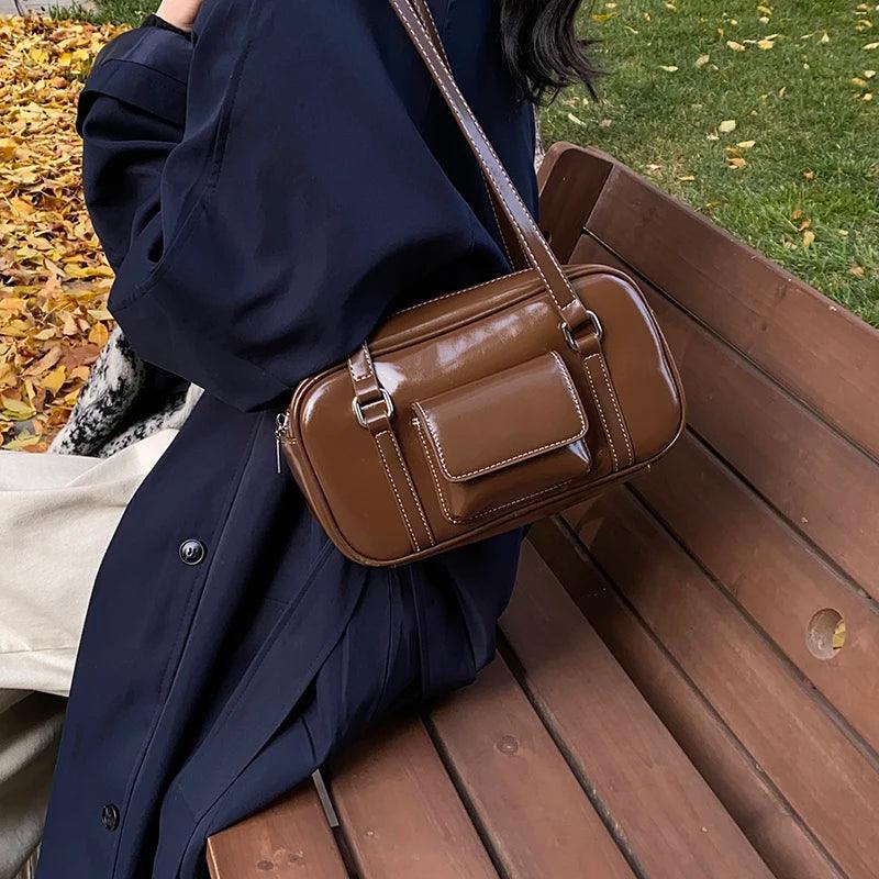 Small Leather Underarm Bags Women Outer Flap Pocket Stitch Zipper Shoulder Bags