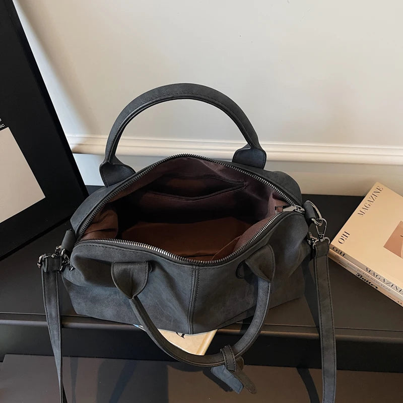 Women's Boston-Style PU Leather Shoulder Bag with Zipper