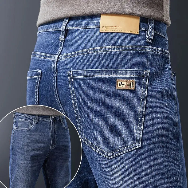Men's Soft Stretch Straight Jeans Business Casual Slim Fit Wash Denim Pants Korean Fashion Blue Gray Male Brand Trousers
