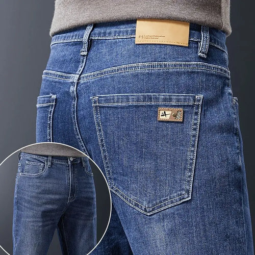 Men's Soft Stretch Straight Jeans Business Casual Slim Fit Wash Denim Pants Korean Fashion Blue Gray Male Brand Trousers
