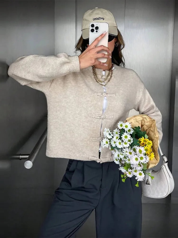 Elegant Knit Grey Women's Cardigan Autumn Winter Fashion Long Sleeve Button O-neck Female Knitwear 2026 Chic Lady Sweater
