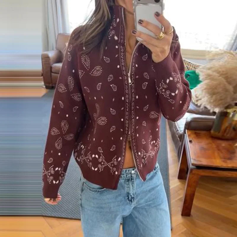 Casual Knit Printed Sweater Women Autumn Winter Loose Stand Collar Long Sleeve Button Knitwear Female 2026 Chic Lady Cardigan