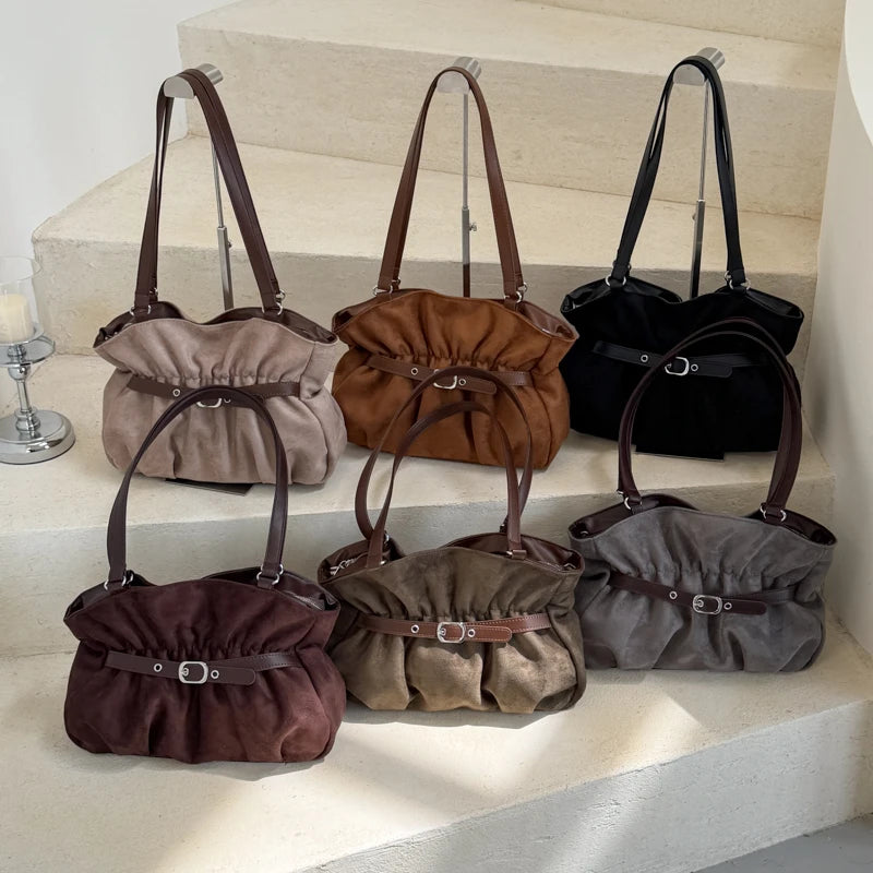 Women's Shoulder Bag Vintage Ruched PU Leather Zipper Tote Bag with Phone Pocket & Charm