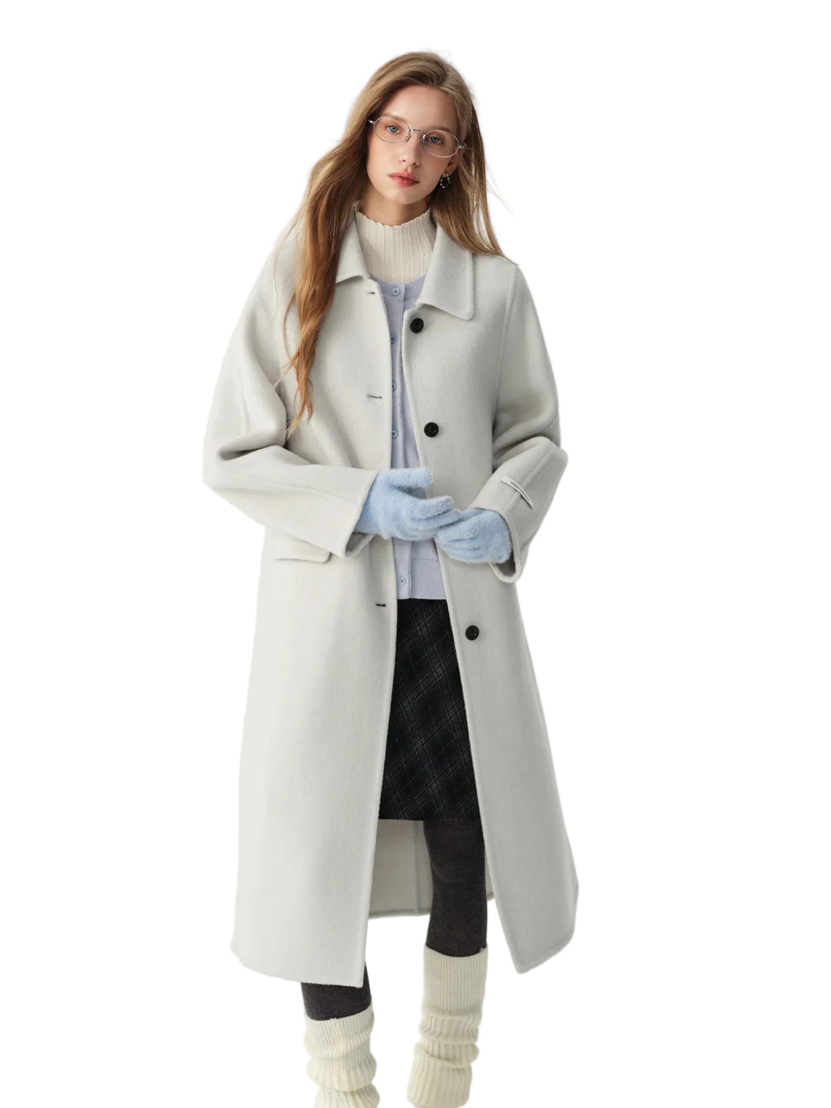 Women's 100% Wool Long Overcoat – Turn-Down Lapel, Single-Breasted, Wide Waist