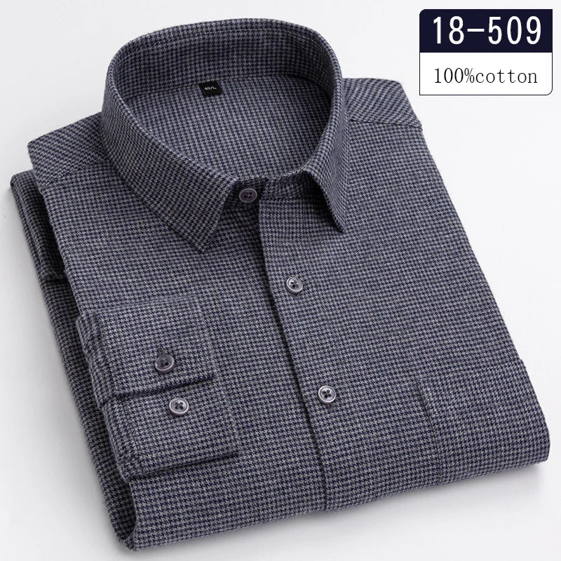 Luxury High-Quality 100% Cotton Houndstooth Full Shirts for Men Slim Fit Casual Shirt Long-Sleeve Plaid Soft Designer Clothes Ro