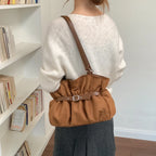 Women's Shoulder Bag Vintage Ruched PU Leather Zipper Tote Bag with Phone Pocket & Charm