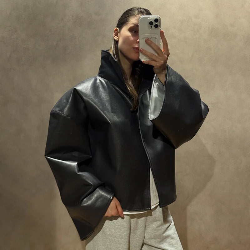 Urban Solid Pu Leather Women Jacket Street Stand Collar Long Sleeve Female Outwear 2026 Autumn Winter Chic New Lady Streetwear
