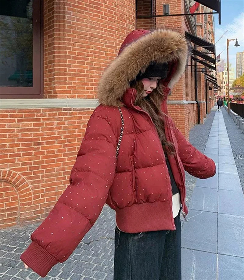 Women's Rhinestone Hooded Puffer Jacket with Plush Trim