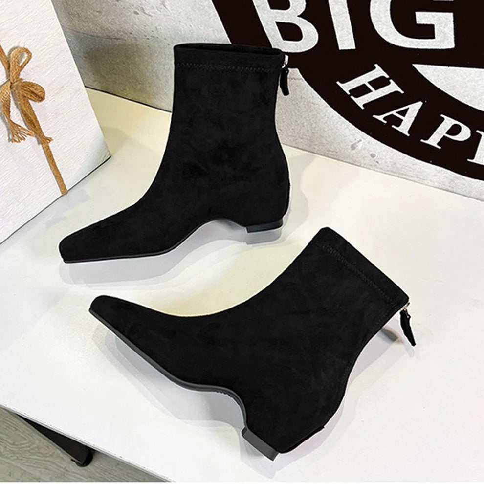 BIGTREE Damen Wildlederschnürstiefel Quadratische Spitze Blockabsatz Reißverschluss