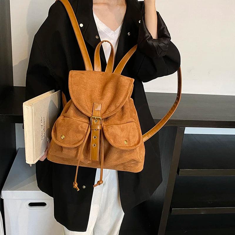 Suede Women Backpacks Soft Flap Outer Pockets Drawstring Medium Shoulder Bags