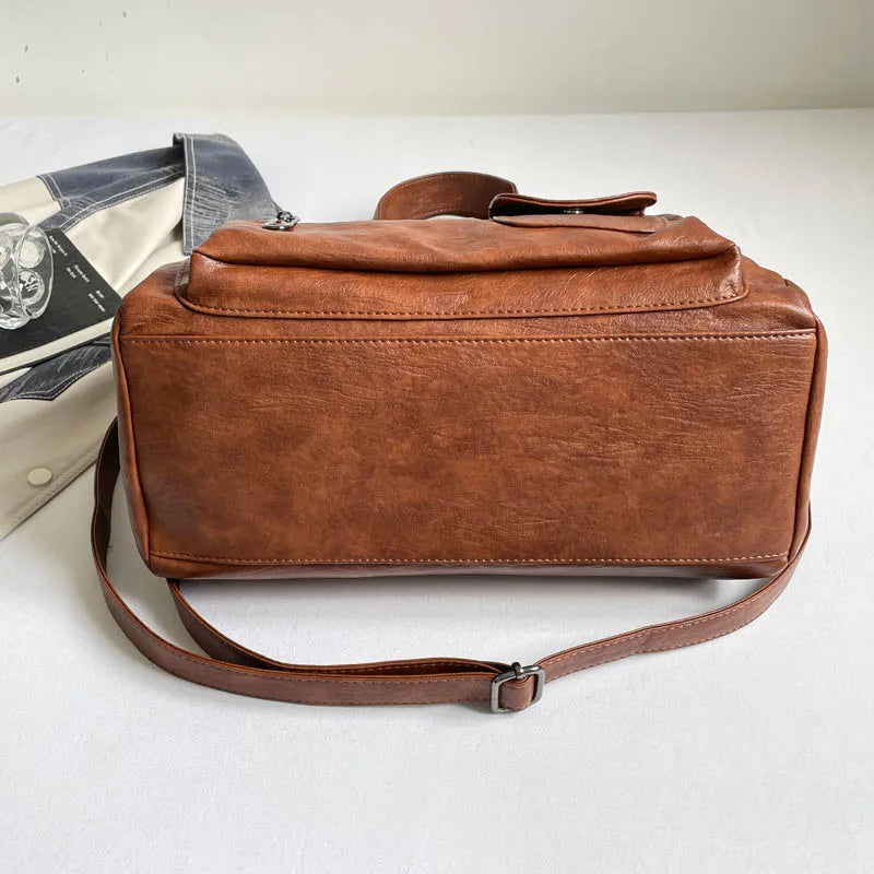 Women's Vintage PU Leather Tote Bag - Top Handle, Large Capacity, Crossbody