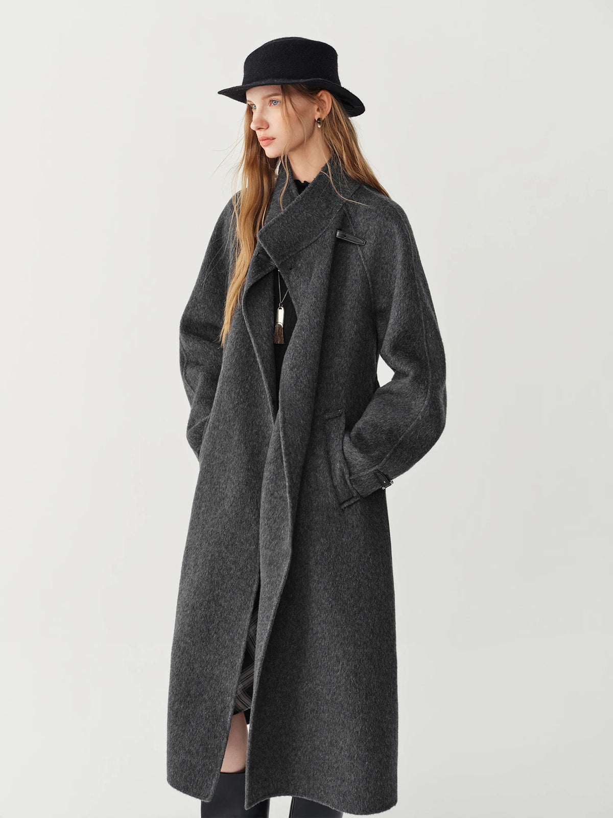 Women's 100% Wool Double-Sided Overcoat – Turn-Down Collar, Belt, X-Long