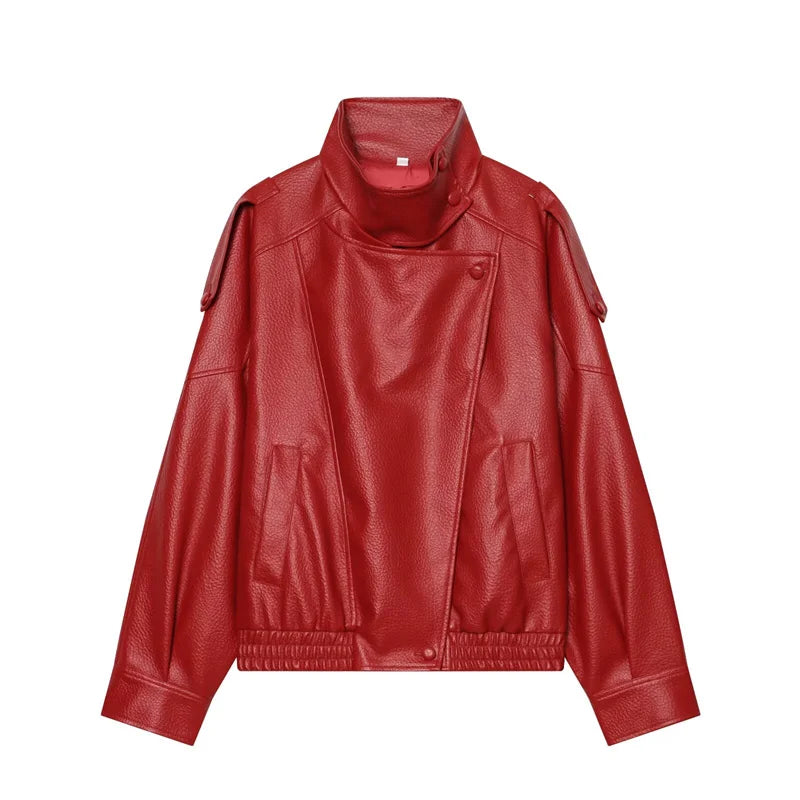 Women's Jacket Pebble Faux Leather Full-Sleeve Moto-Style Zipper Casual Coat