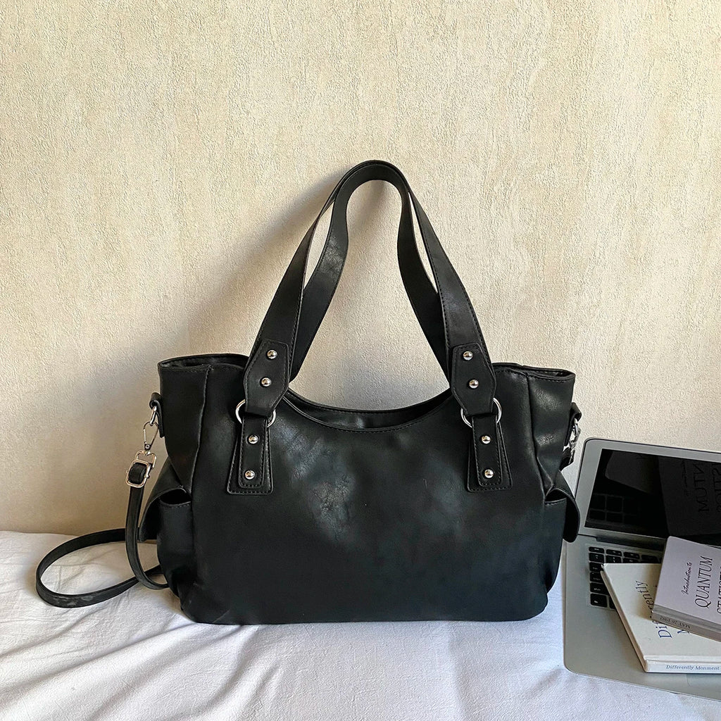 Women's PU Leather Hobo Shoulder Bag - Silver Stud Rivet Detail, Adjustable Strap